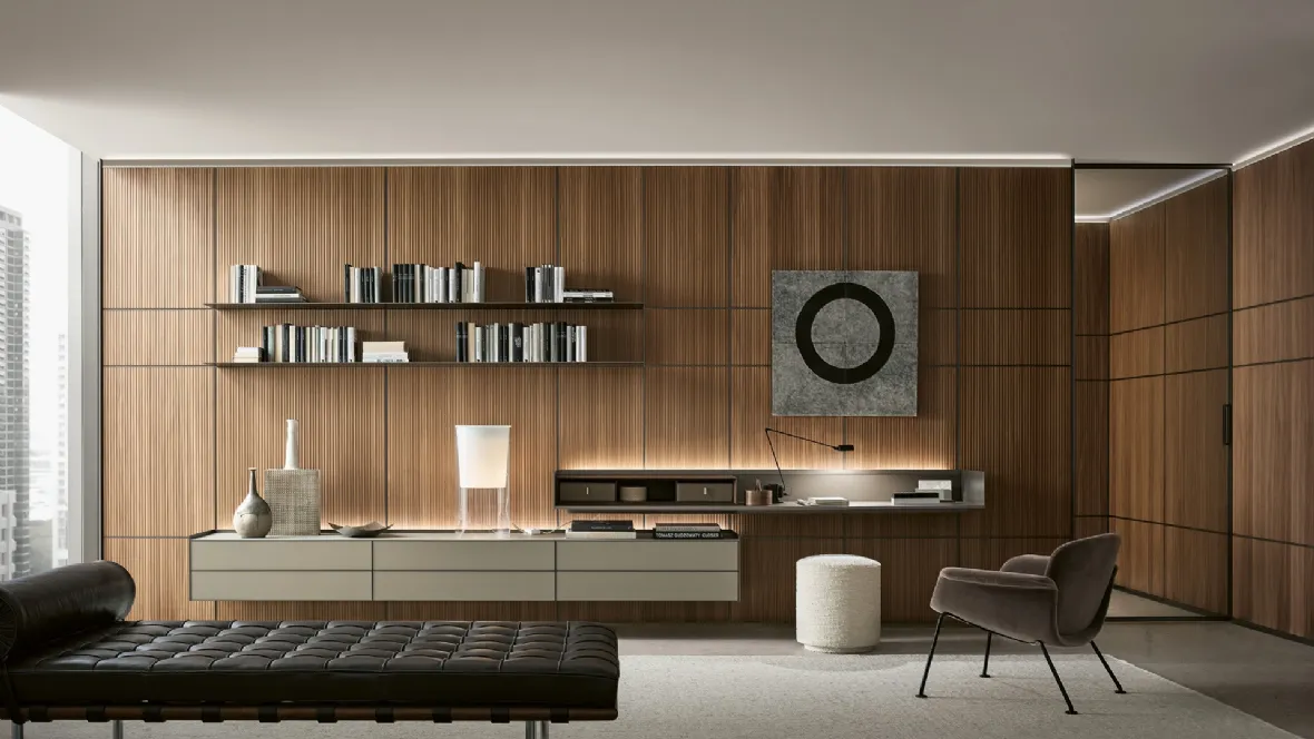 Boiserie Modulor in finitura Noce Sahara di Rimadesio