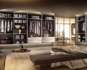 Cabina Armadio con elementi sospesi Outfit 1183 in laccato, vetro e nobilitato di Lago