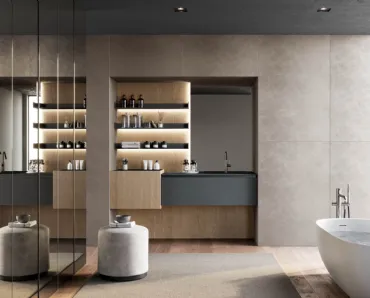 Mobile da Bagno sospeso in fenix grigio bromo e canneté rovere visone Facto 01 di Birex