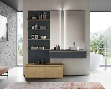 Mobile da Bagno sospeso in laccato opaco grigio antracite e canneté essenza rovere naturale Traccia 06 di Birex