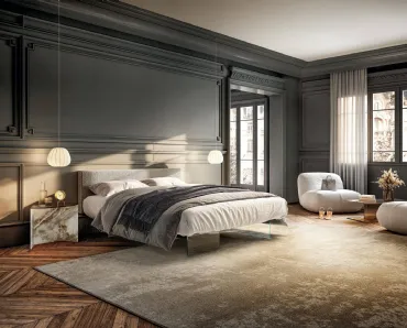 Letto Air 1501 in tessuto imbottito con base in vetro di Lago
