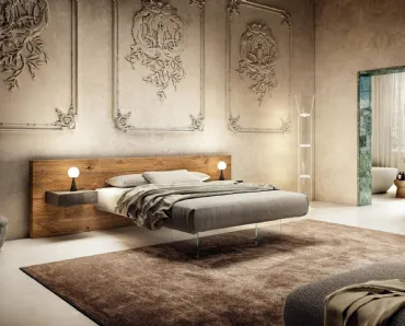 Letto con testiera in legno e base in vetro Air 1524 di Lago
