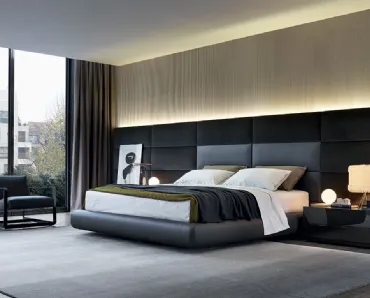 Letto in pelle imbottito con testiera boiserie in pelle e velluto Dream di Poliform