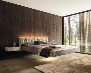 Letto sospeso Fluttua 1631 con testiera in pelle plissettata di Lago