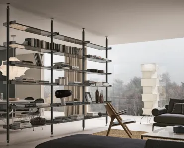 Libreria divisoria Zenit Piombo in metallo con mensole in vetro di Rimadesio