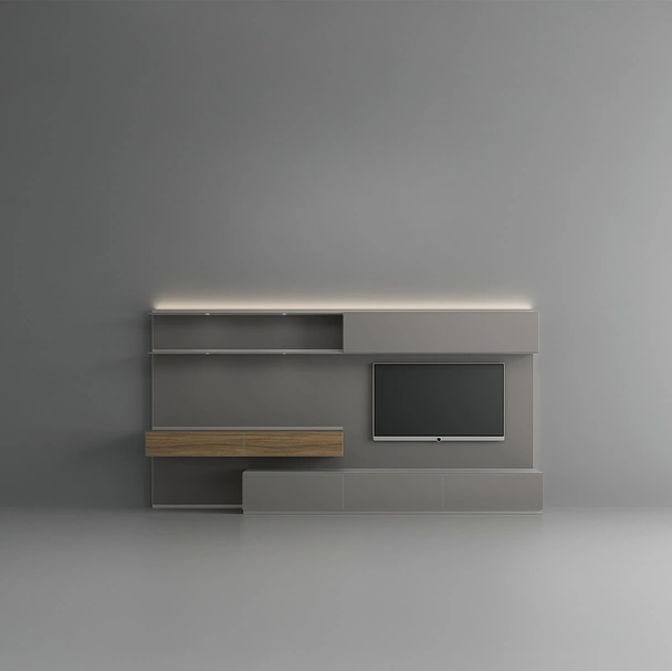 Parete Attrezzata Abacus Grigio Artico in vetro e noce di Rimadesio