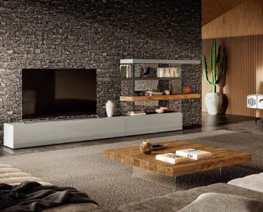 Parete Attrezzata in vetro con ripiano in legno Air 2723 di Lago