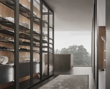 Parete Attrezzata Cover con ante in vetro trasparente e interno in melaminico effetto legno di Rimadesio