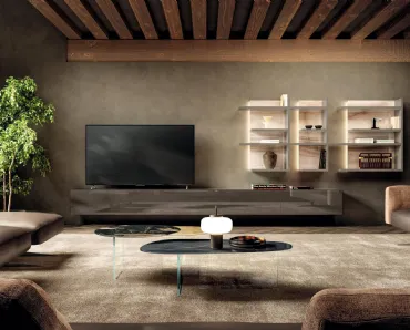 Parete Attrezzata sospesa Materia 2673 in vetro laccato lucido di Lago