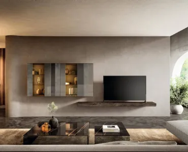 Parete Attrezzata sospesa NOW 1404 in legno con pensili in vetro di Lago