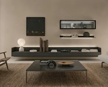 Parete Attrezzata sospesa Self Plan in vetro Nero opaco di Rimadesio