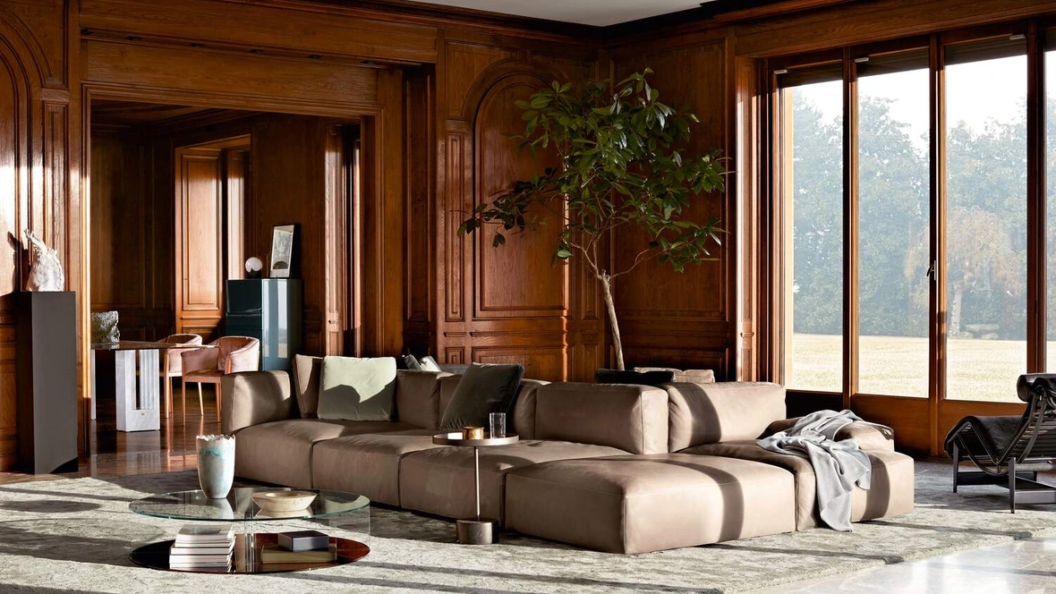 Divano modulare componibile imbottito e rivestito in pelle Mex Cube di Cassina