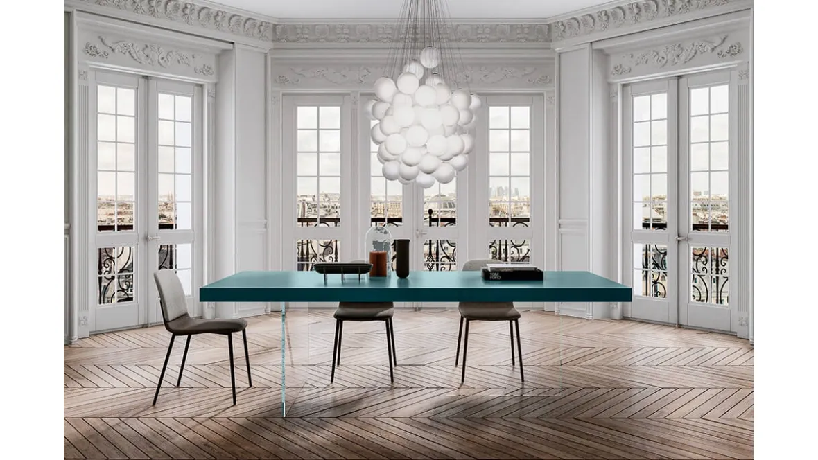 Tavolo Air Air 2170L Laccato color Ottanio con base in vetro di Lago