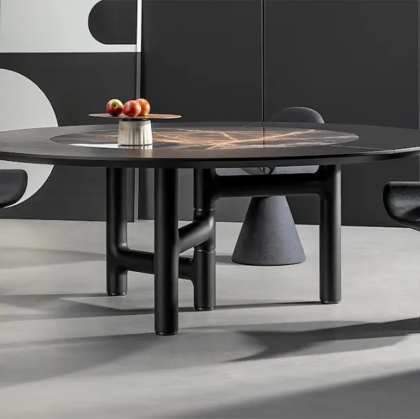 Tavolo rotondo Pivot ST con top in legno e ceramica di Bonaldo