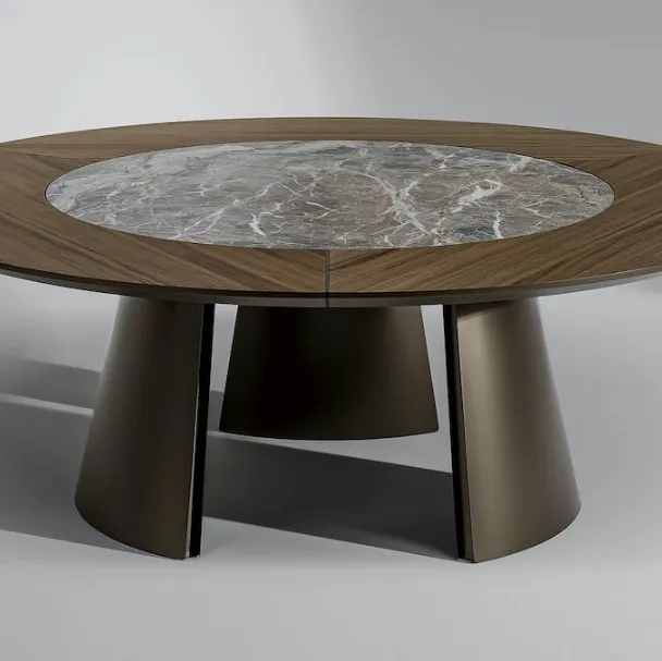 Tavolo rotondo Torii ST con top in legno e ceramica e base in metallo di Bonaldo