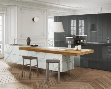 Cucina Design lineare con penisola in legno di Rovere 36e8 Marble XGlass Statuario di Lago