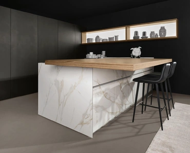 Cucina Design con penisola Giza + Arena Line + Arka in laccato e ceramica di Maistri