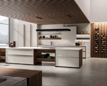 Cucina Design con isola in laccato opaco e legno con top in marmo Ktable 02 di Maistri