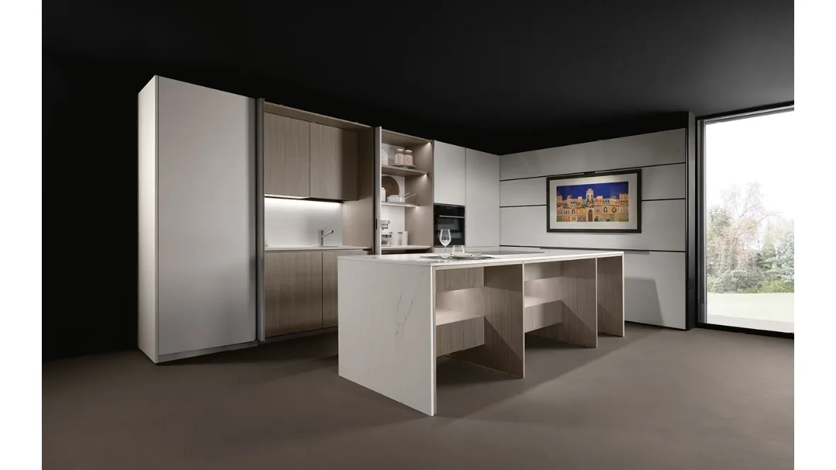 Cucina Design con isola KTable in legno di frassino e bianco fenix di Maistri