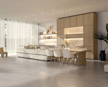 Cucina Design con penisola Marea + Giza + Rim in legno e ceramica di Maistri