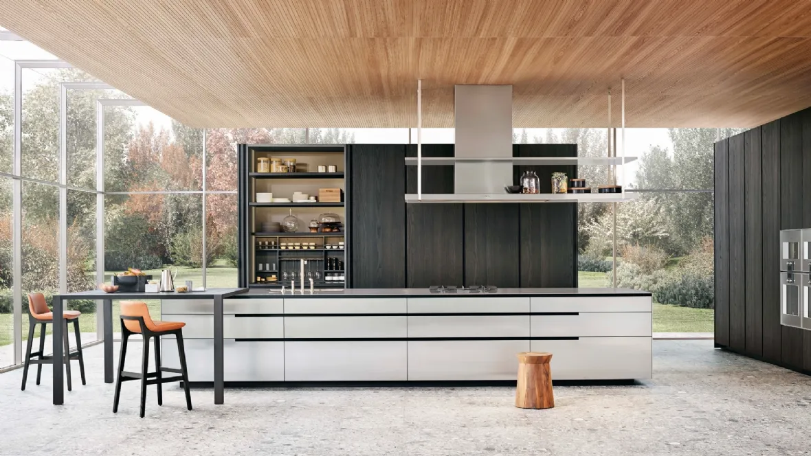 Cucina Design in olmo nero con isola in acciaio Phoenix 02 di Poliform