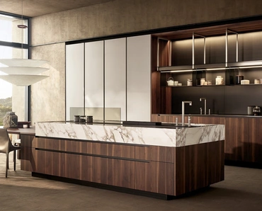 Cucina Design Phoenix in Noce, Marmo e laccato goffrato Ghiaccio di Poliform
