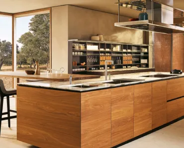 Cucina Design con isola Artex 01 in massello di Noce e top in marmo di Poliform
