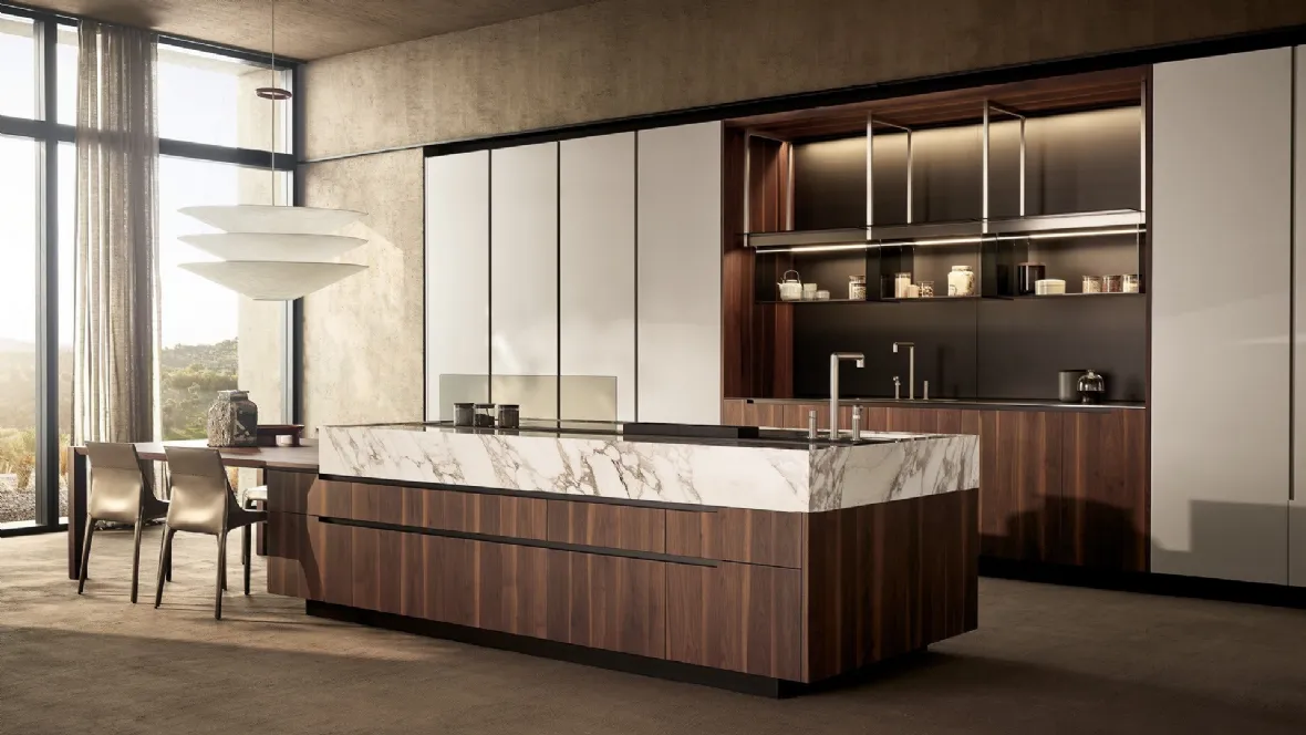 Cucina Design con isola Phoenix 01 in noce e marmo di Poliform