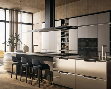 Cucina Design in laccato con isola in acciaio Shape di Poliform