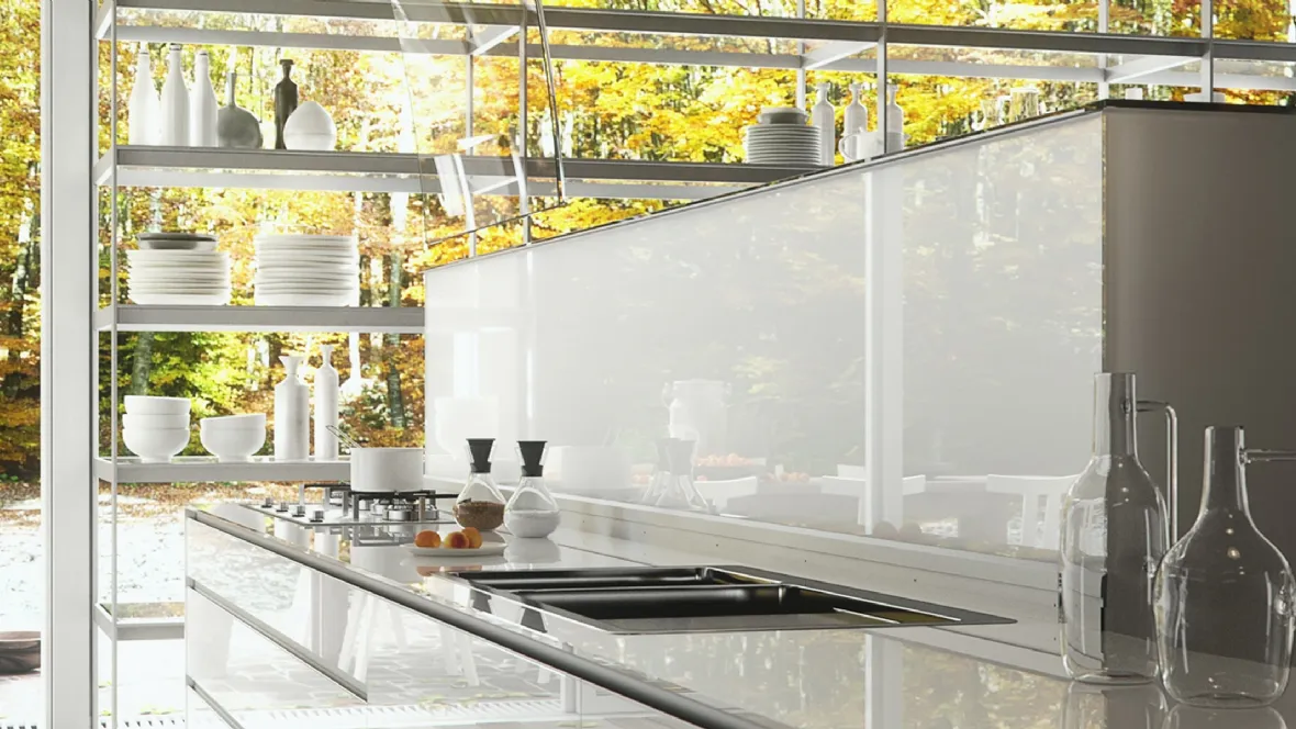 Cucina Design in linea in vetro temprato Artematica Vitrum Bianco Lucido di Valcucine