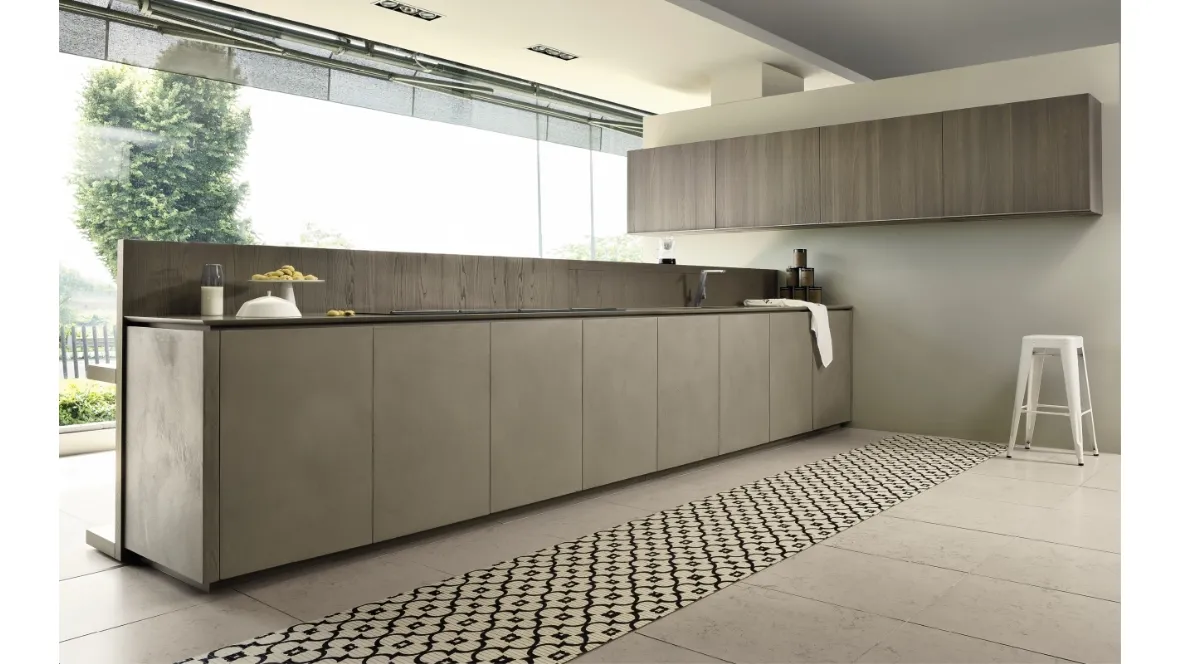 Cucina Design lineare in laccato effetto cemento e legno Viva 11 di Maistri