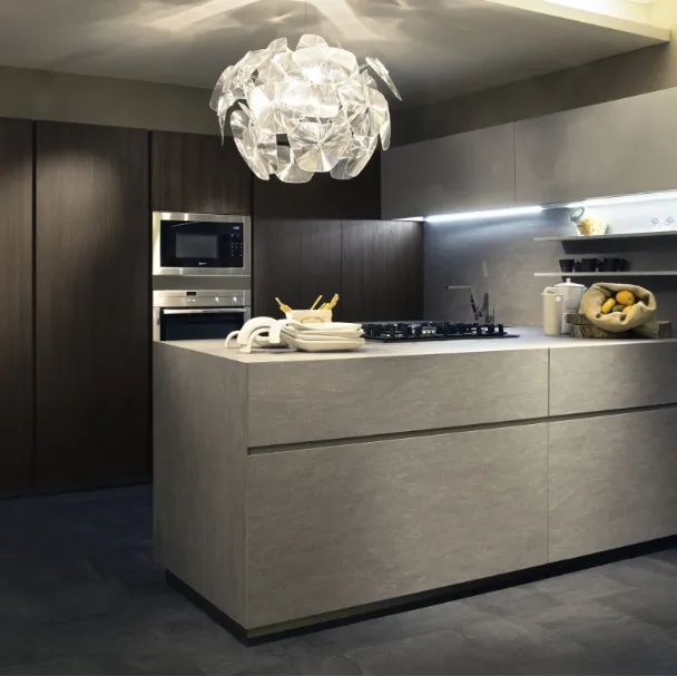 Cucina Design lineare in laccato effetto cemento e legno Viva 11 di Maistri